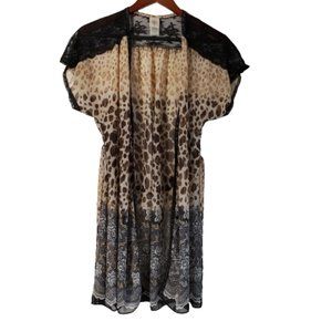 In Bloom Shorty Wrap Robe Sheer Black Lace Shoulders Leopard Print Size Small